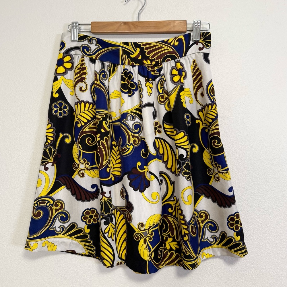 Tibi New York Silk  Baroque Print Skirt Women’s‎ Sz 8 White Navy Gold A line